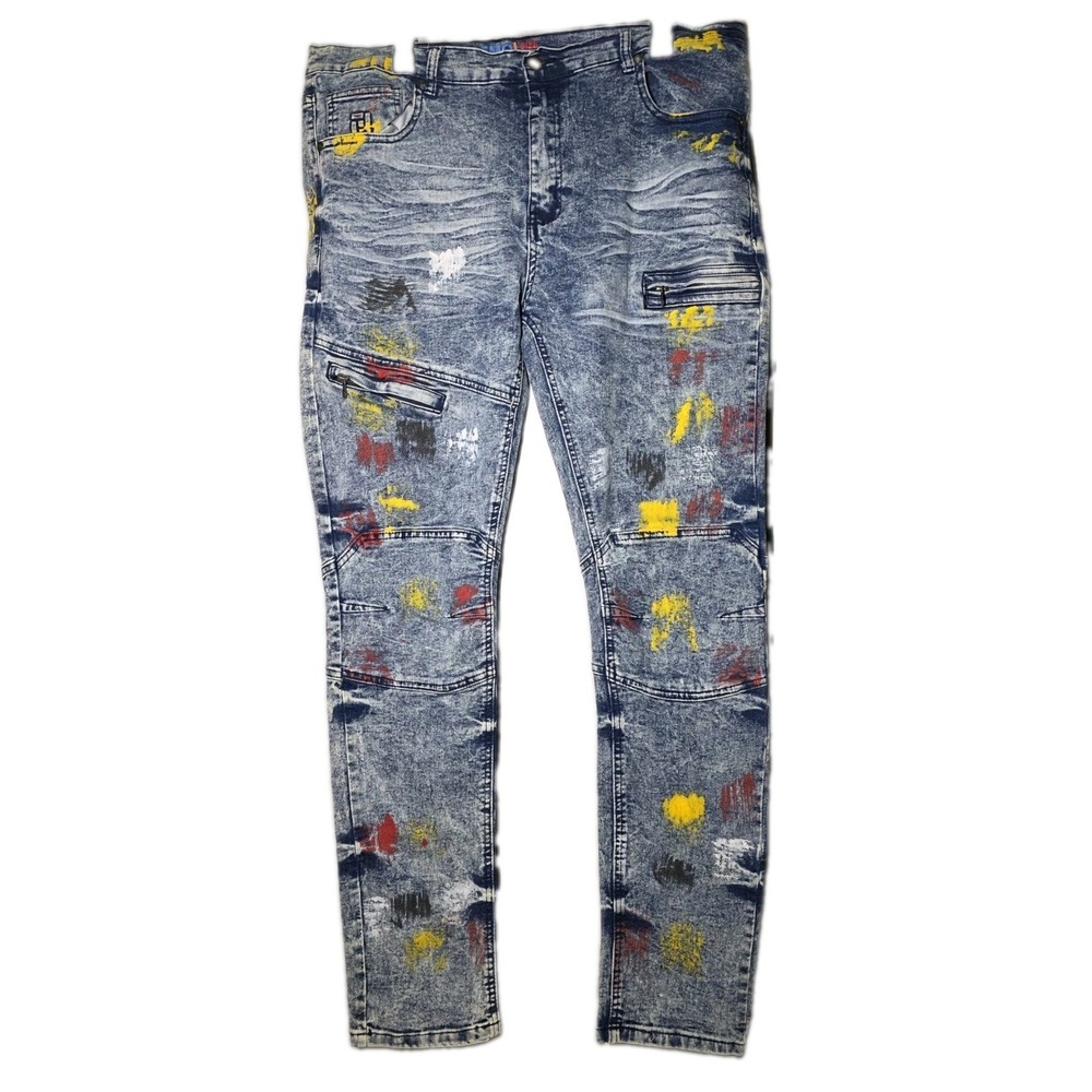 Demolition Jeans Men 38x32 Distressed Acid Wash Slim Fit Paint Splattered Denim